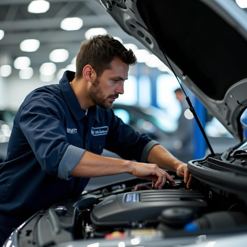 Mechanic inspecting a car at Fortier's