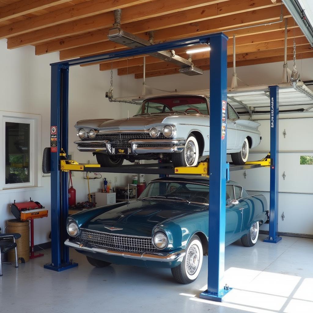 Four-Post Car Lift in a Home Garage