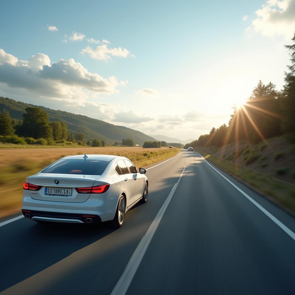  A car being driven on an open road, symbolizing improved fuel efficiency after Franz auto service