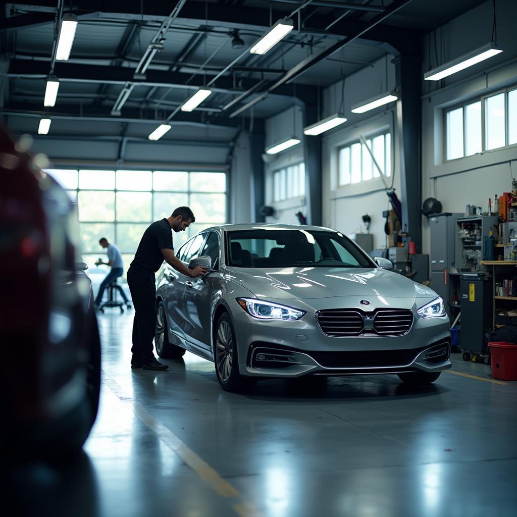 Car undergoing preventative maintenance at a freeway auto service center in Arlington