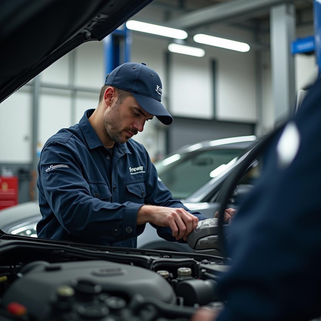 Experienced mechanic working on a car at a freeway auto service center in Arlington