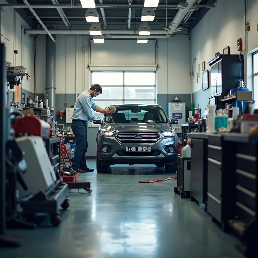 Mechanic working on a car in a brightly lit repair shop on a Sunday.