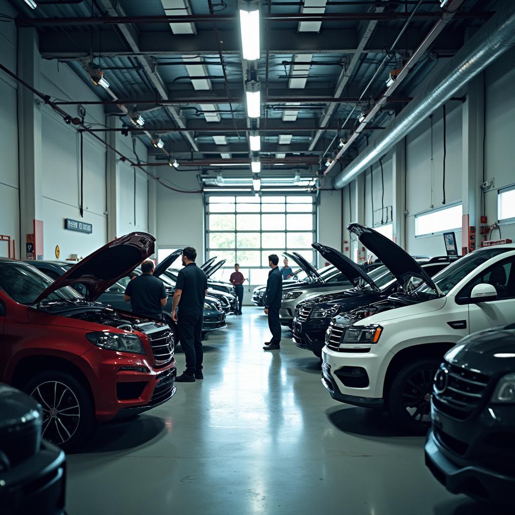 Modern auto clinic interior with mechanics working