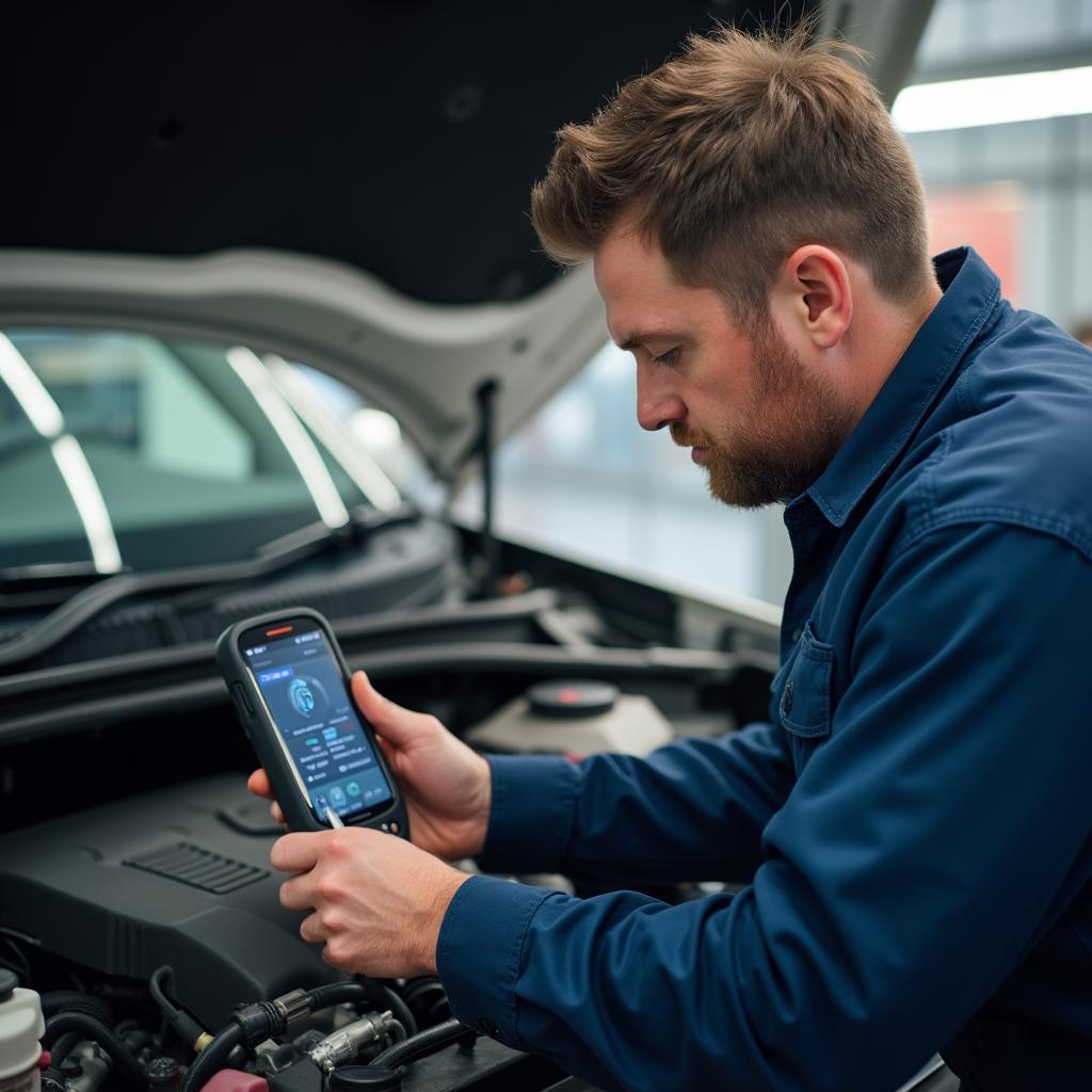 Mechanic in Furlong using a diagnostic tool