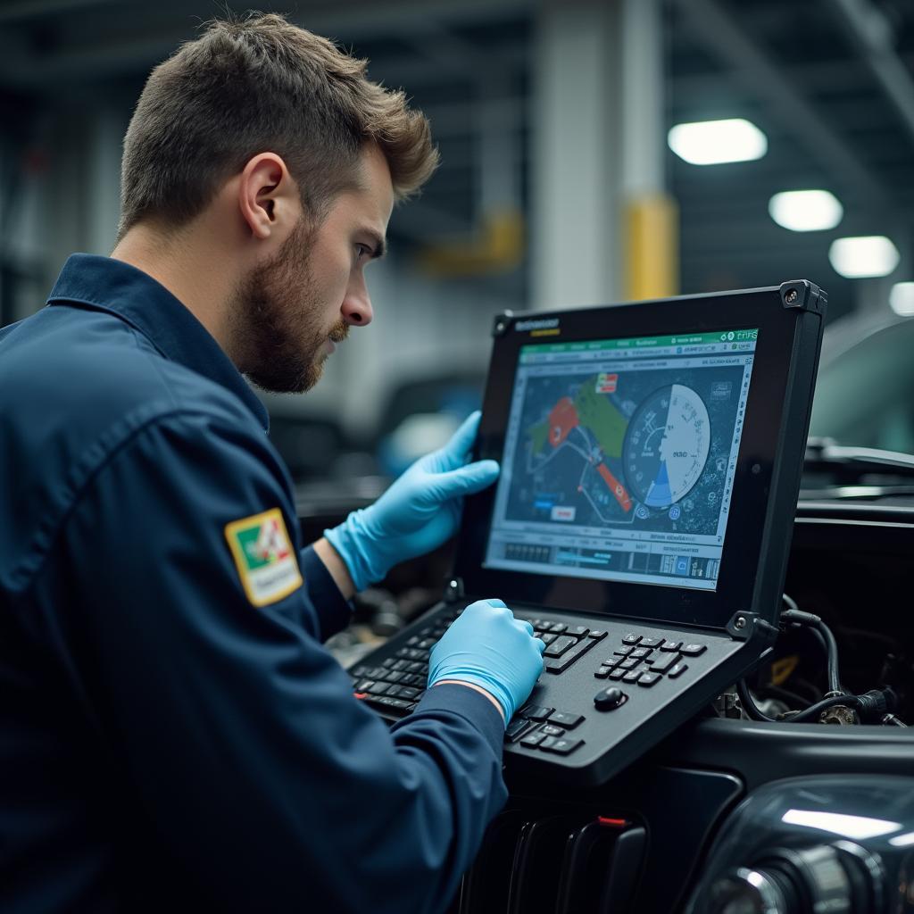 Certified auto service technician using diagnostic equipment on a car