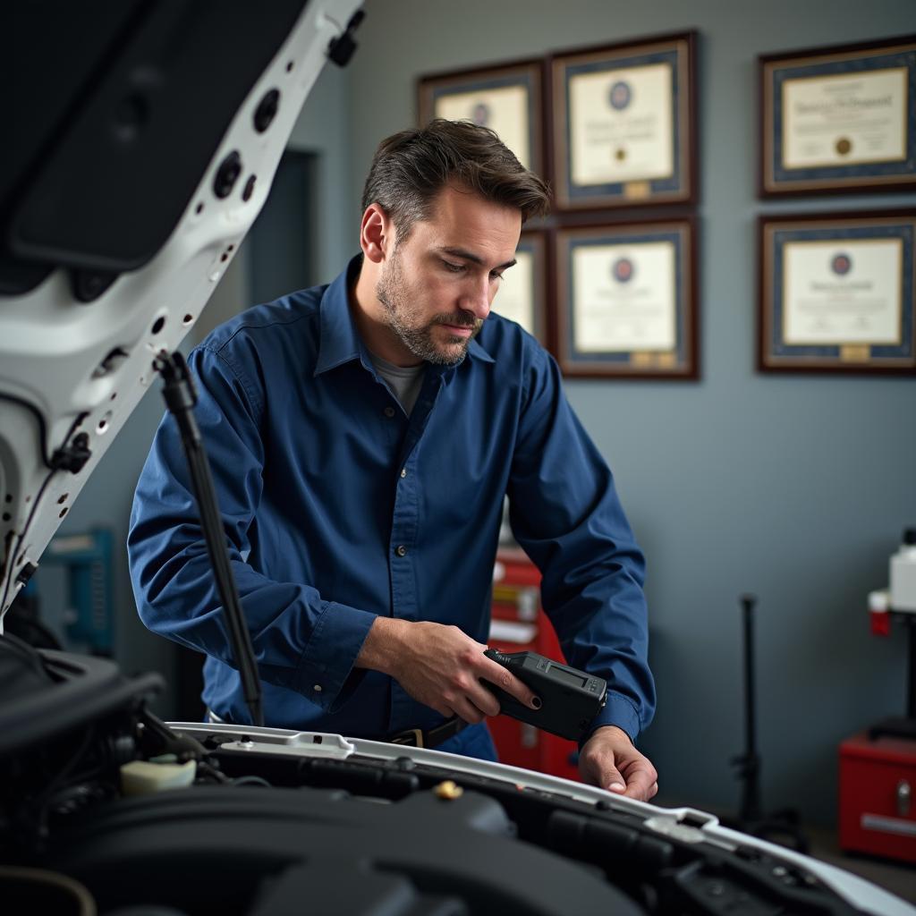  A certified mechanic working under the hood of a car