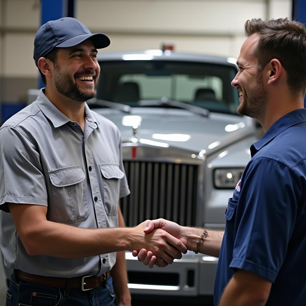 Satisfied customer shaking hands with Garrett Auto & Truck Service representative