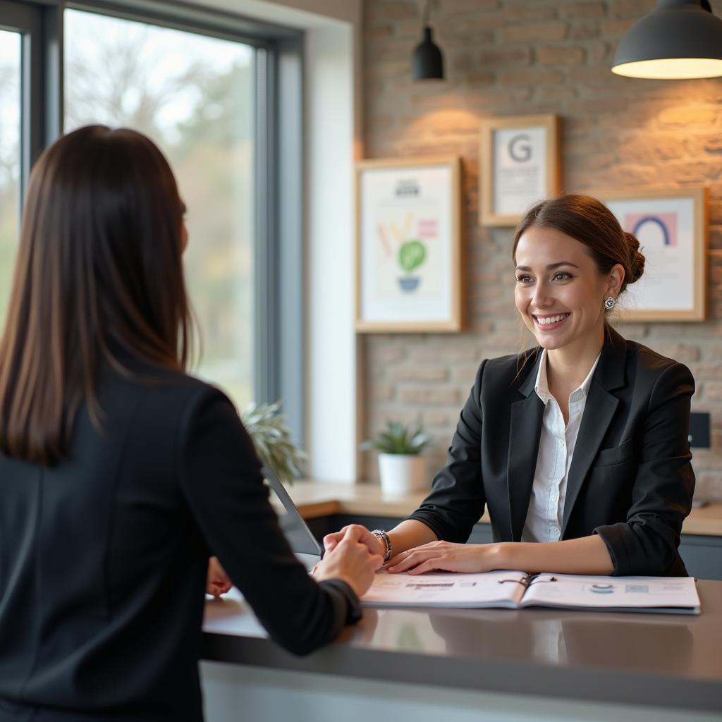 Friendly customer service representative assisting a client