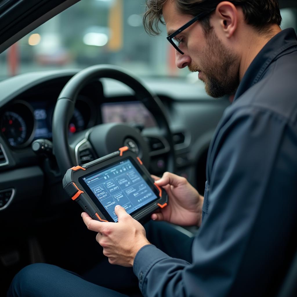  A German auto mechanic uses a specialized diagnostic tool to analyze a vehicle's computer system.