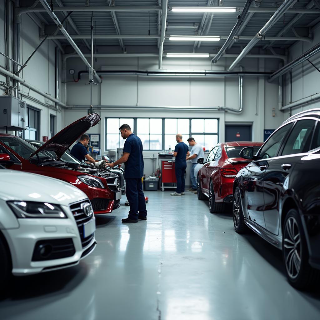 A bustling German auto repair shop with mechanics working on various vehicles.