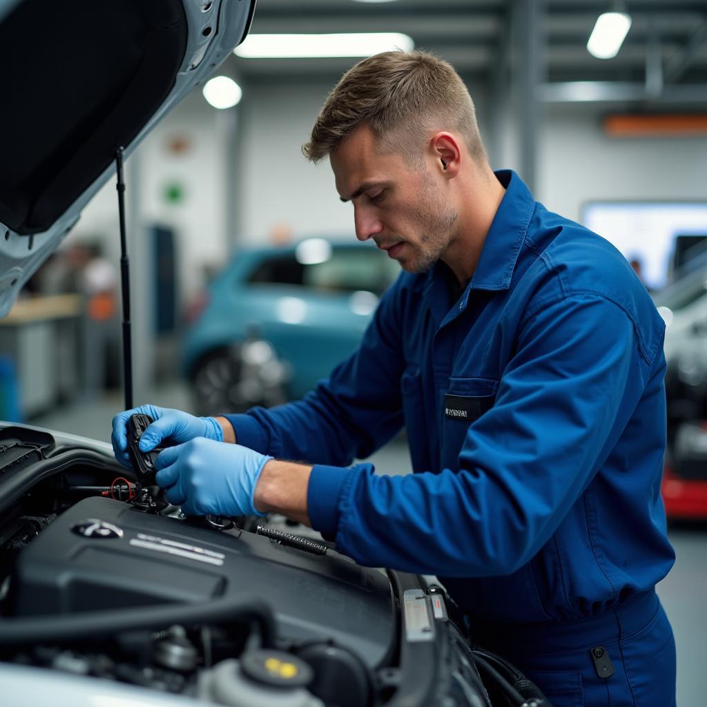 Skilled technician working on a car engine in a German auto shop