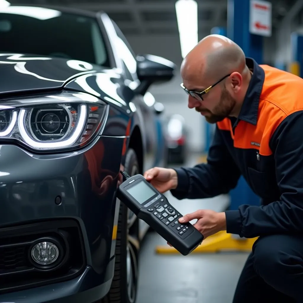 A skilled German auto service technician diagnosing a car using a diagnostic tool.