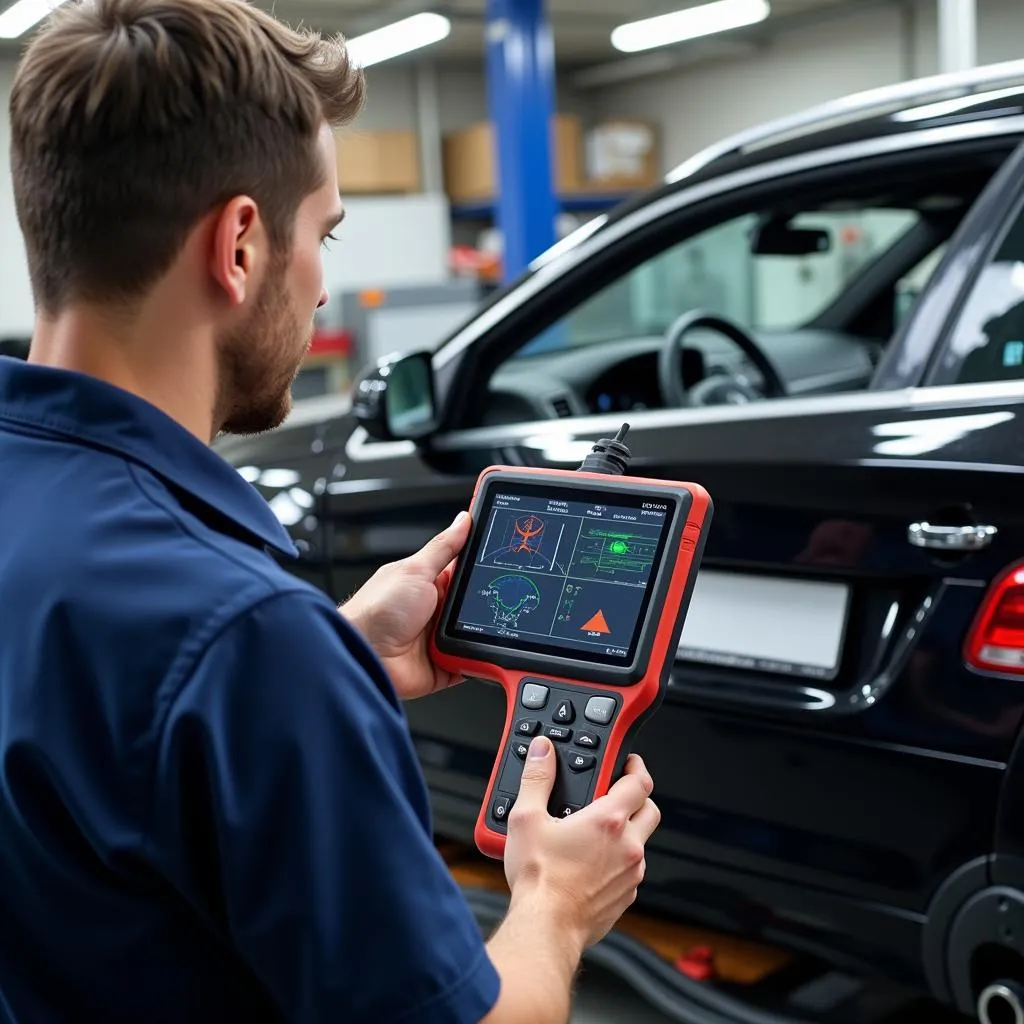 Mechanic Using Diagnostic Tool on German Car