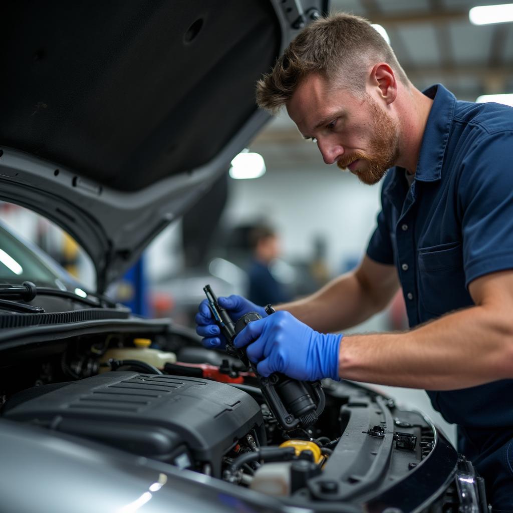 Glen Allen auto service mechanic inspecting a car engine