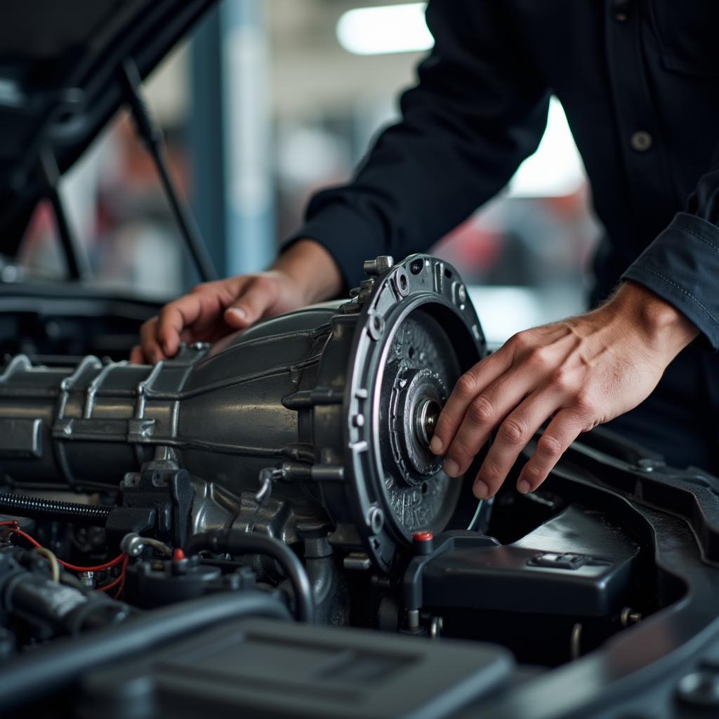 Mechanic Inspecting Transmission