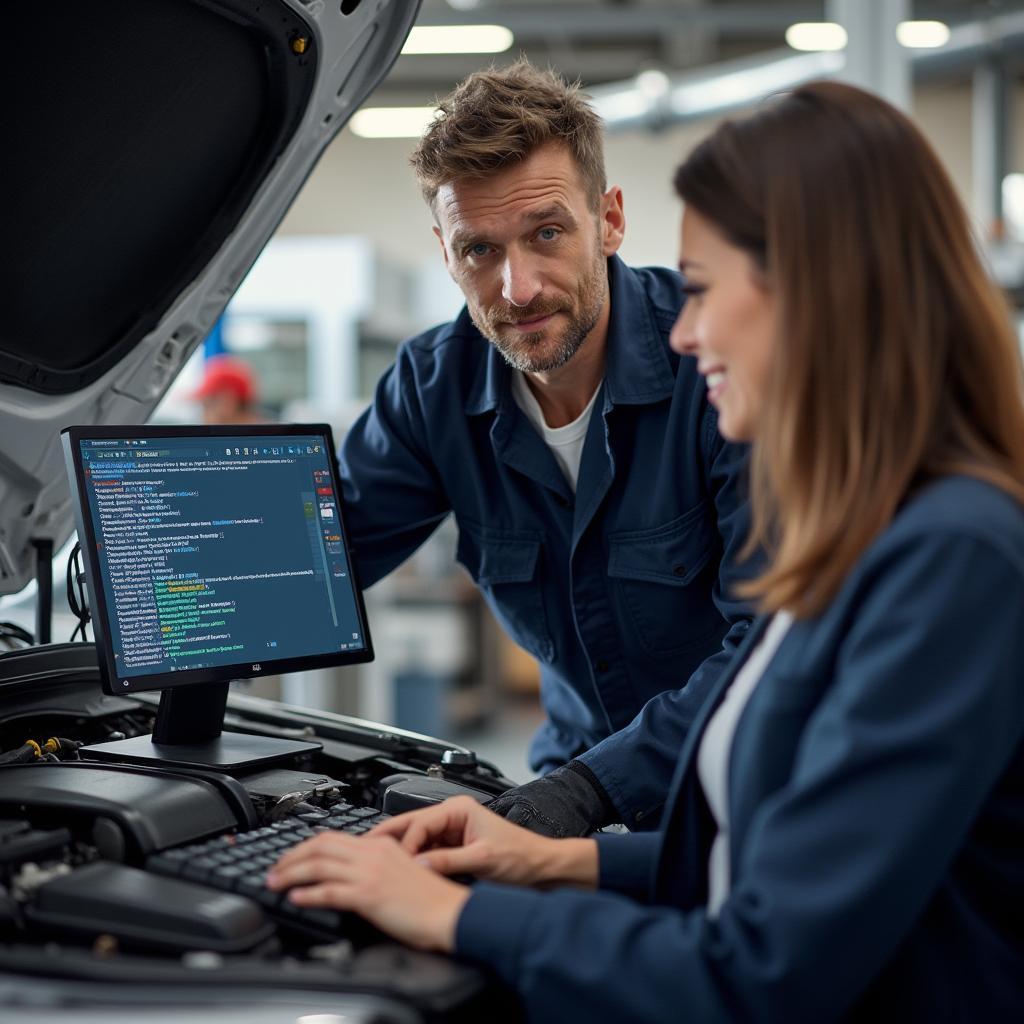 Mechanic in Grand Terrace explaining diagnostics to a car owner