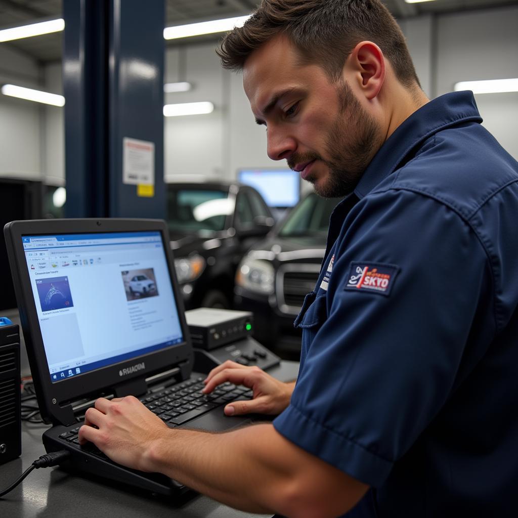 Certified technician performing car diagnostics at Gray's Auto Service