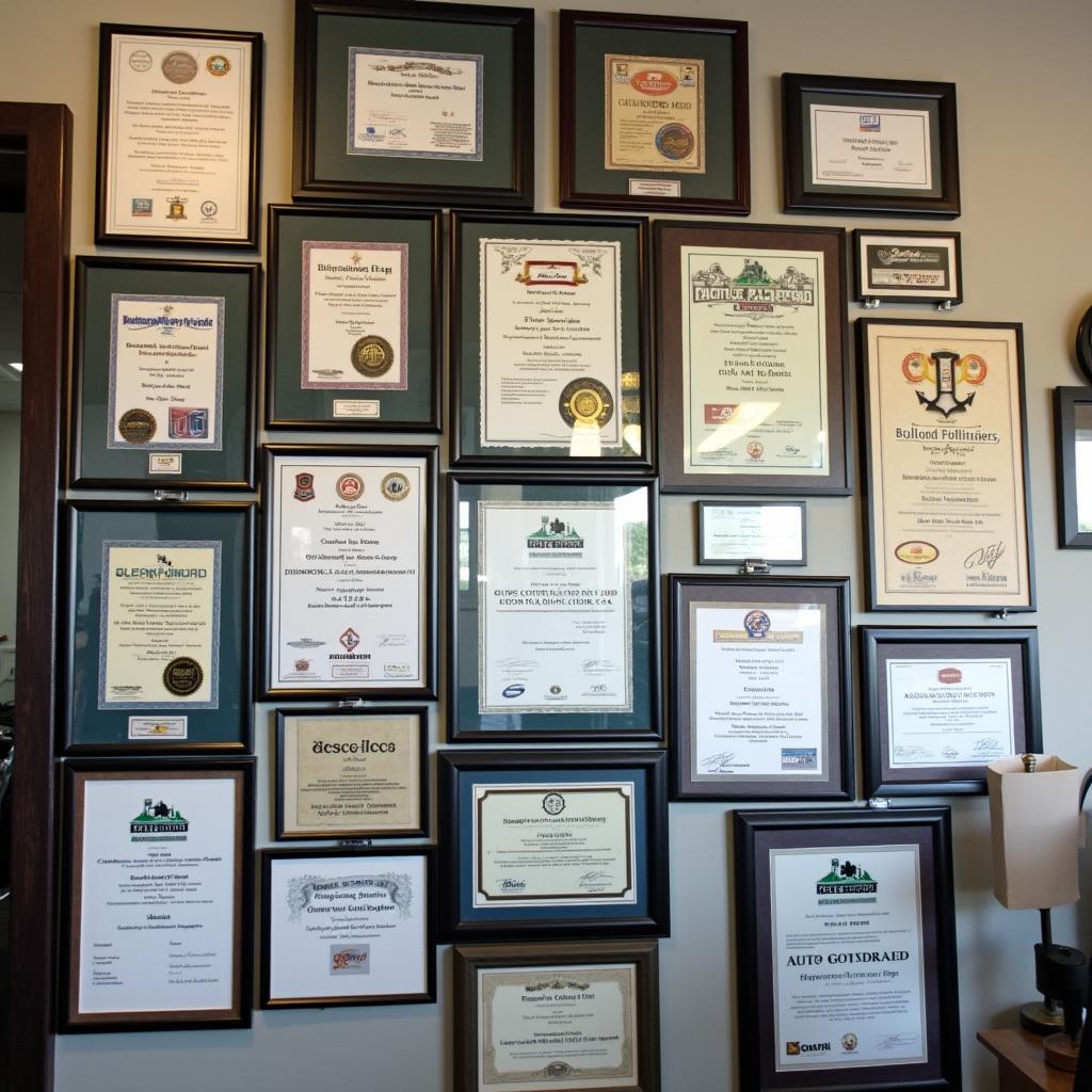 Mechanic certifications and awards displayed on a wall