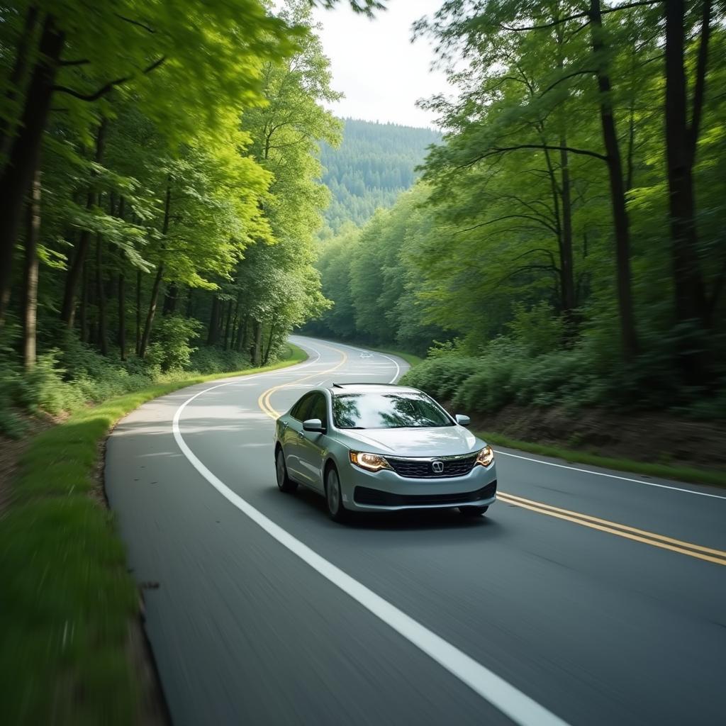 Driving on a scenic road in Gresham, emphasizing the importance of tire care for a smooth and safe journey.