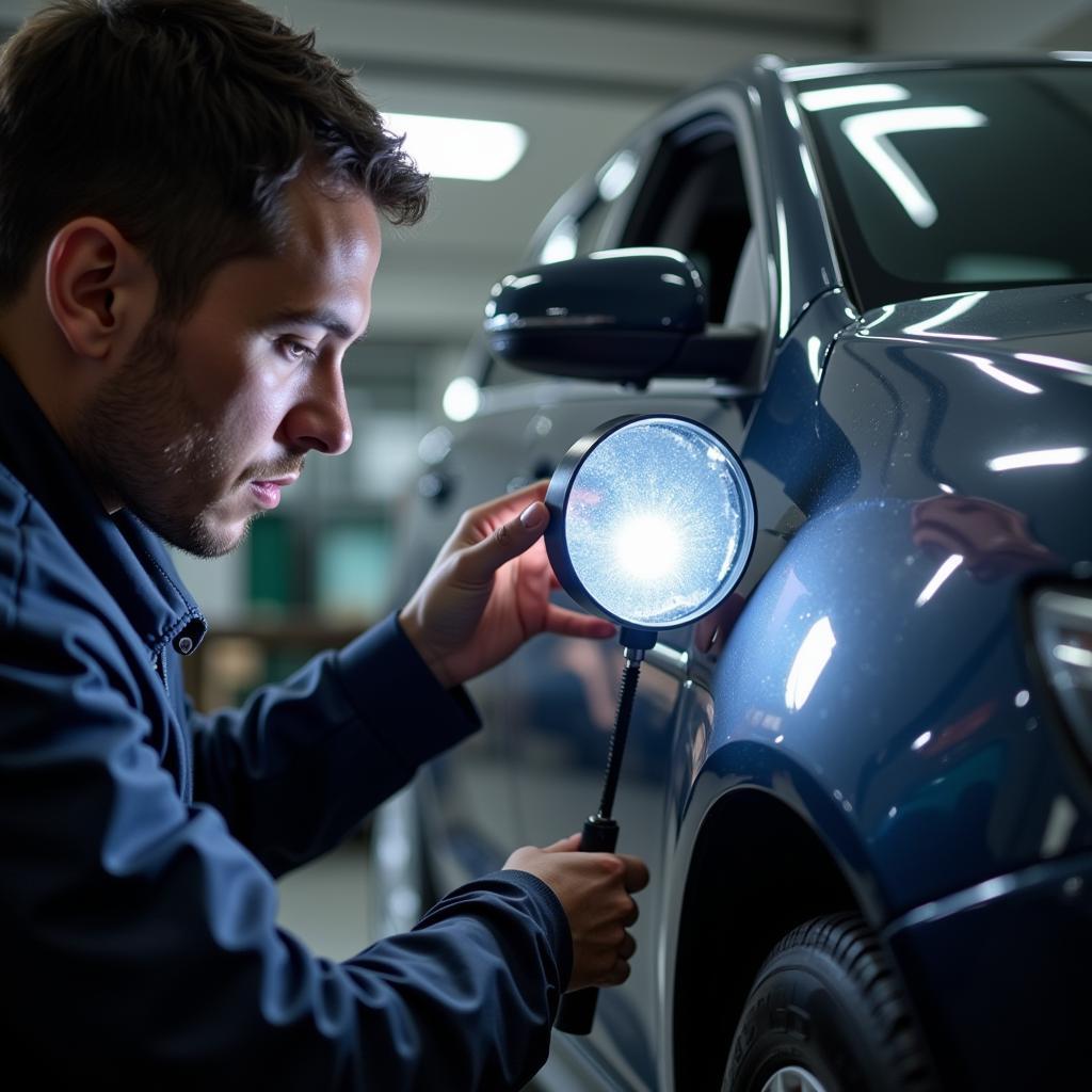 Professional inspecting hail damage on a car