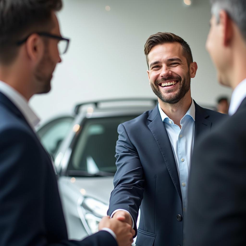 Smiling car buyer shaking hands with salesperson