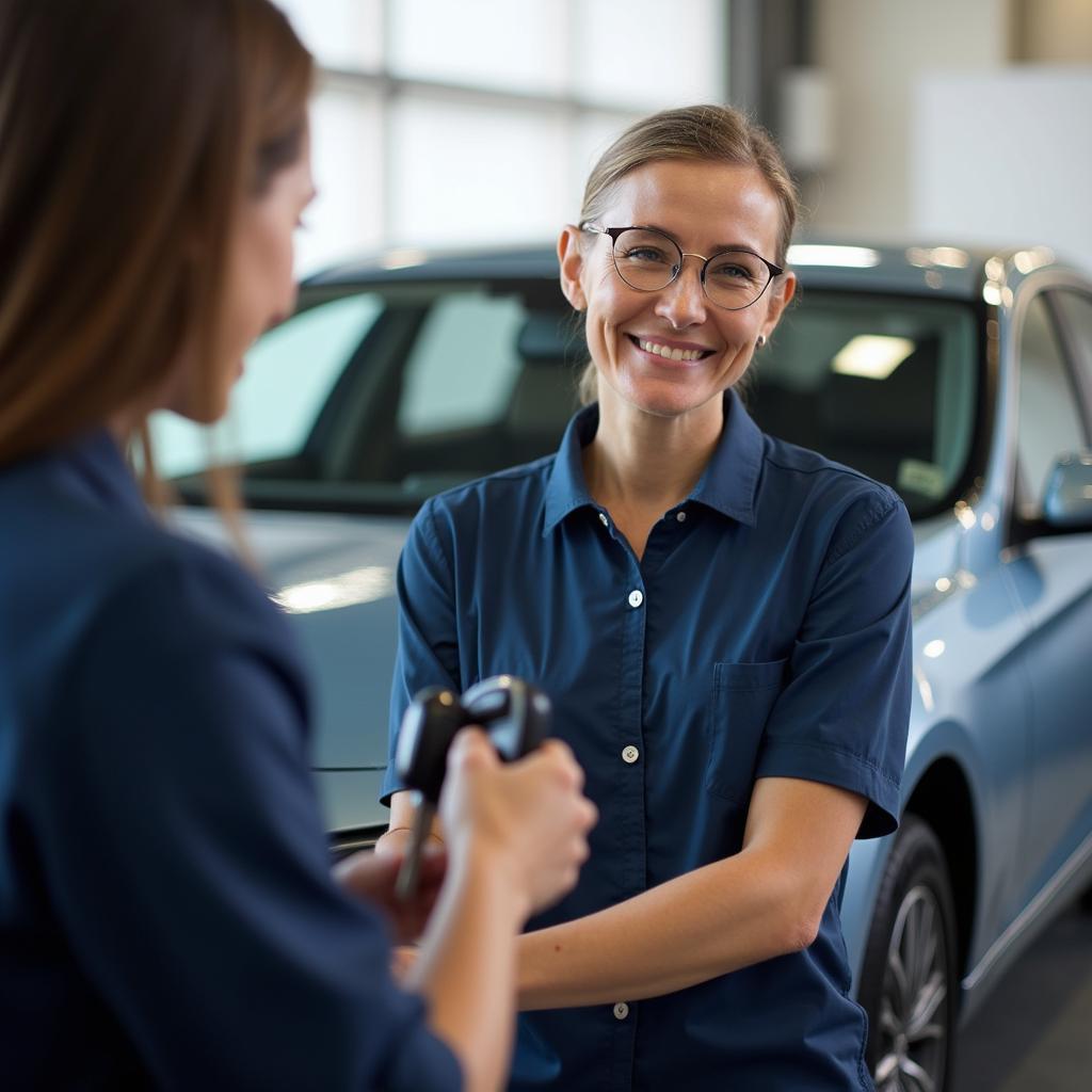 Happy Car Owner Receiving Keys from Service Advisor