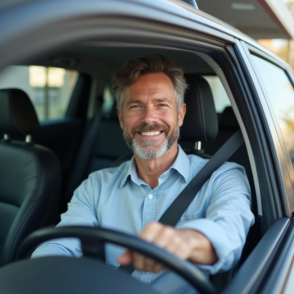 A happy driver leaving a Charleston auto service center