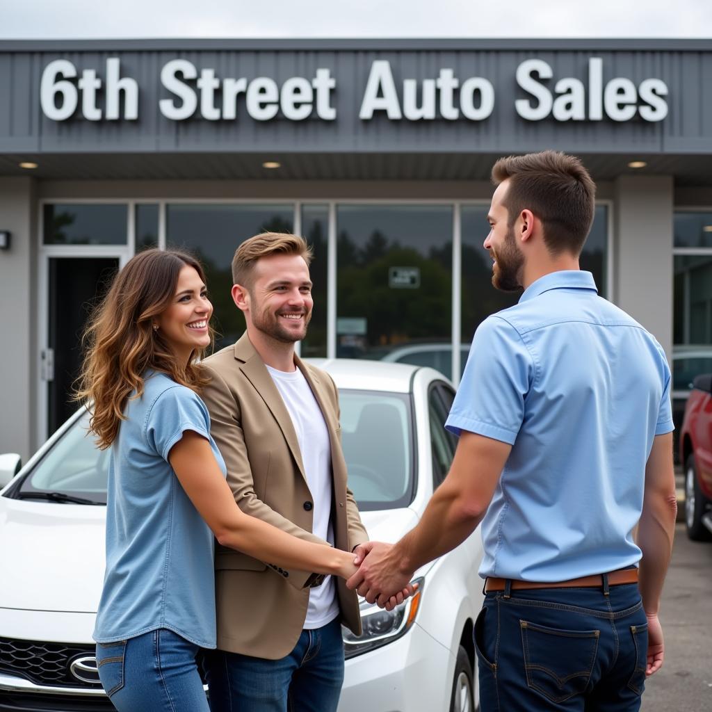 Couple shaking hands with a car salesman