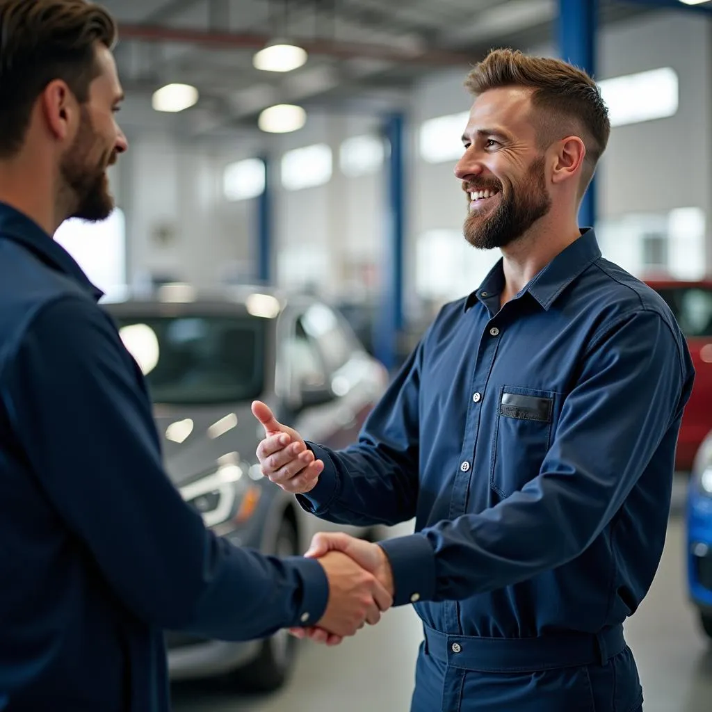 A happy customer shaking hands with a mechanic