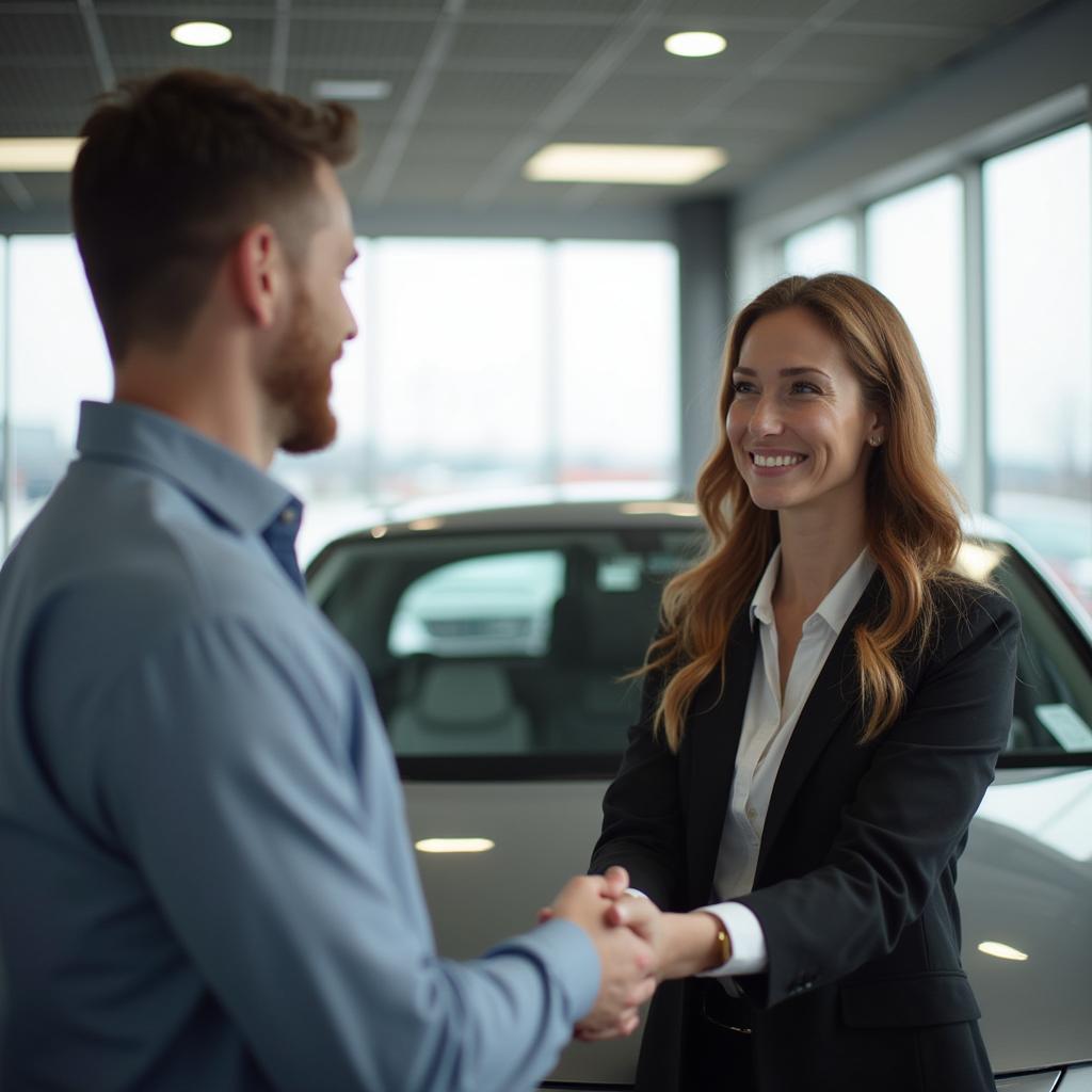 Satisfied customer shaking hands with a car salesperson in a dealership on East Washington Street