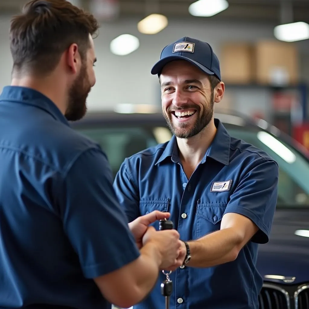 Smiling customer receiving their car keys from a mechanic