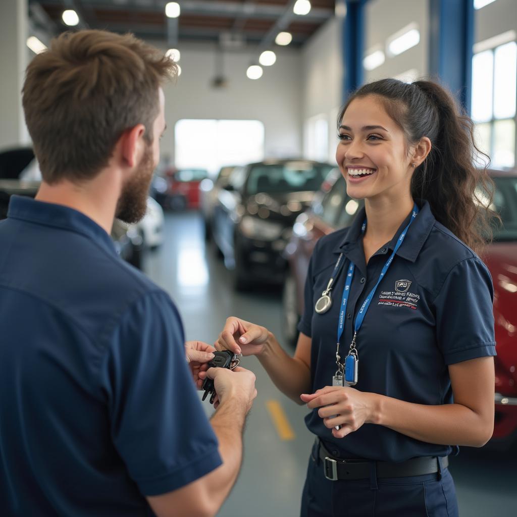 Satisfied customer receiving car keys at Lewisville auto shop.