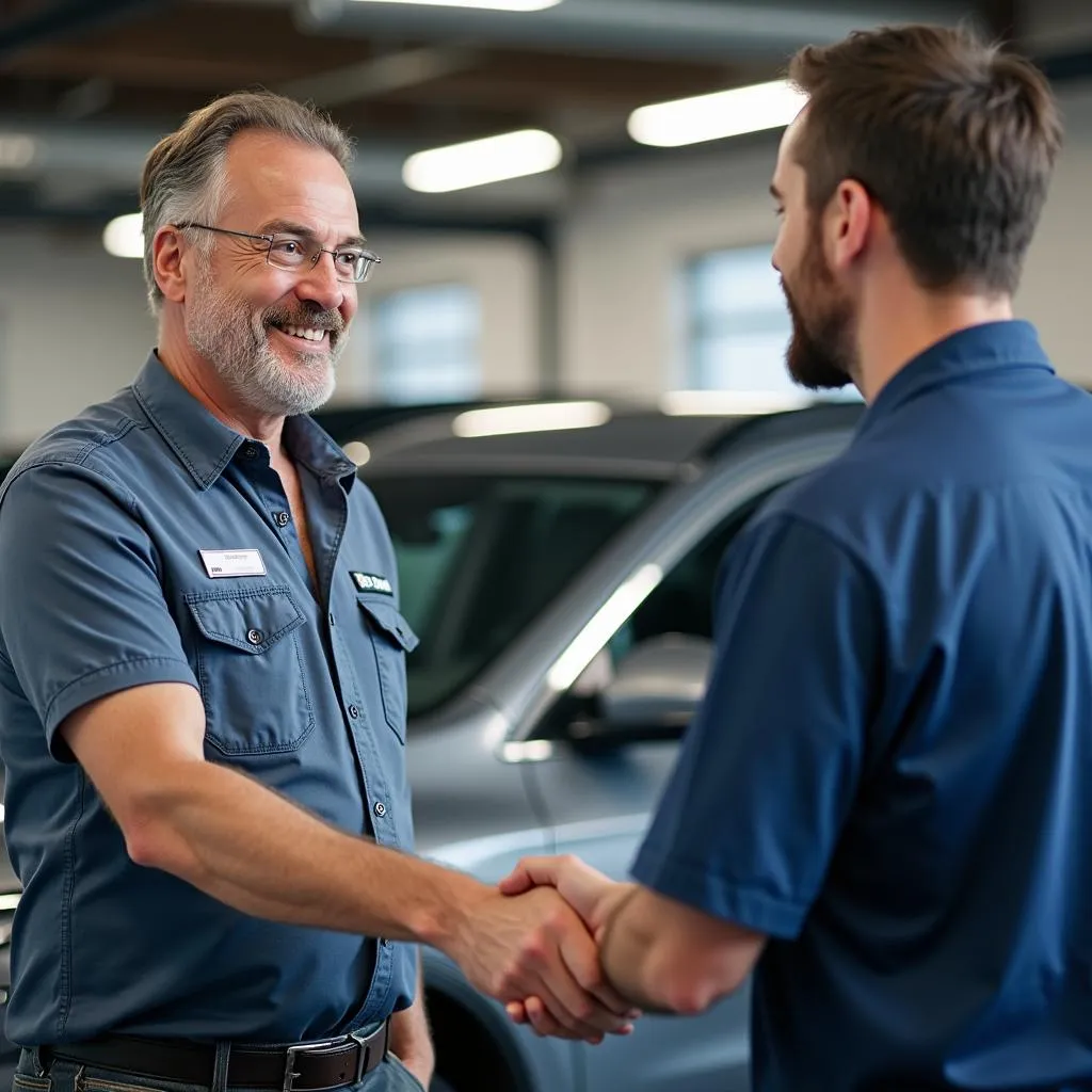 Satisfied customer receiving their car after repair.