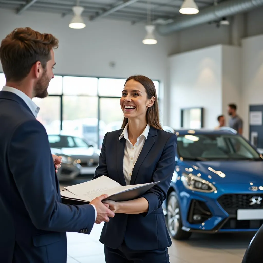 Happy customer shaking hands with a car salesman