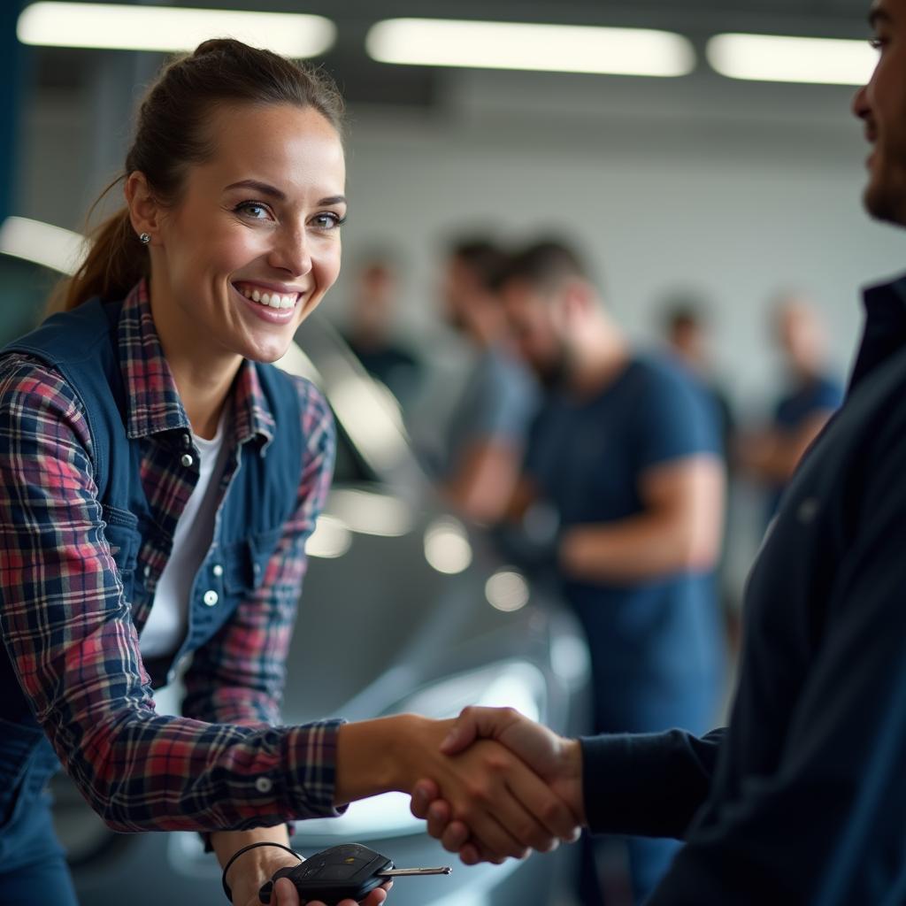 Customer receiving car keys from mechanic