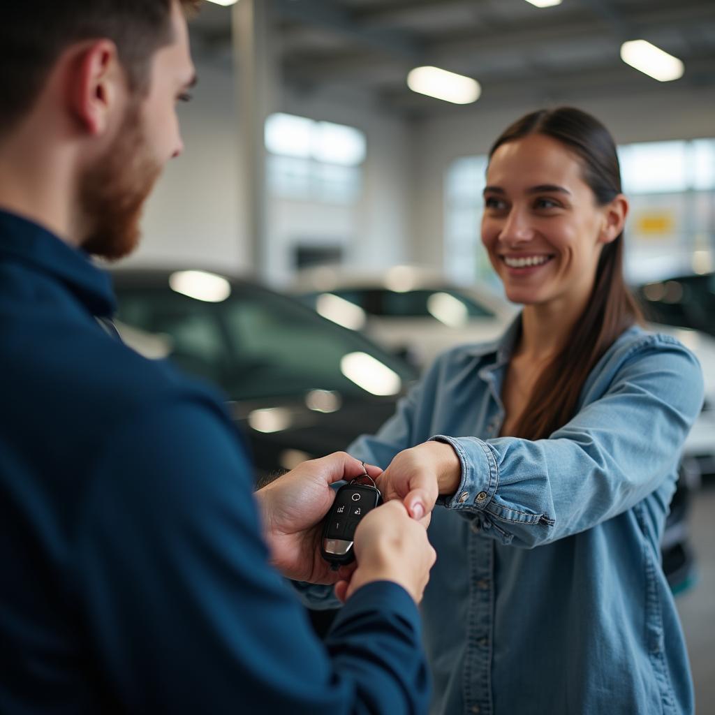 Smiling customer receiving car keys from a service advisor in an auto shop