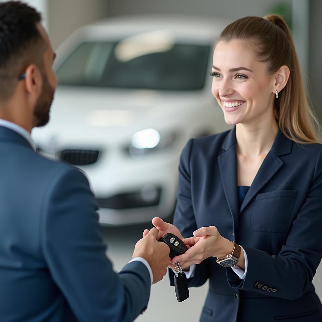 Happy customer receiving car keys from a service advisor