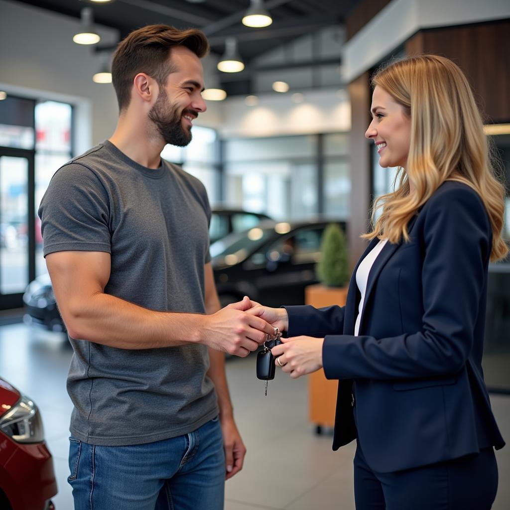 Smiling Customer Receiving Car Keys from Service Advisor