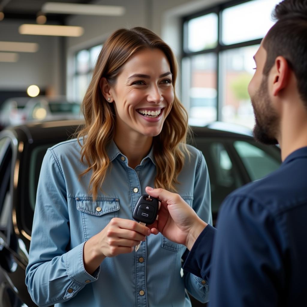 Happy customer receiving car keys from a service advisor