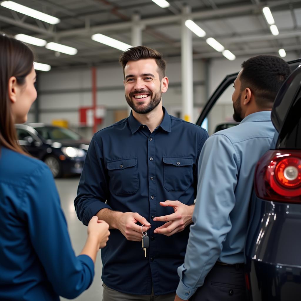 Happy customer receiving car keys from a mechanic after a successful repair.