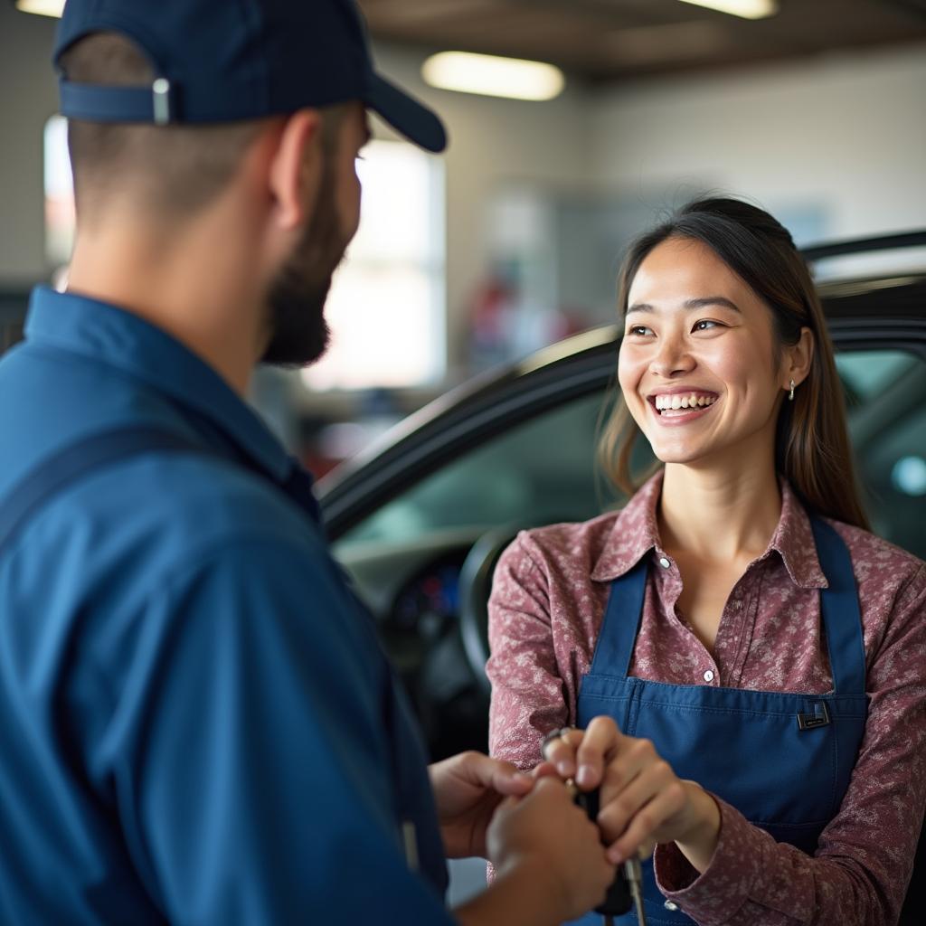 A satisfied customer receiving their car keys from a mechanic in Anaheim Hills