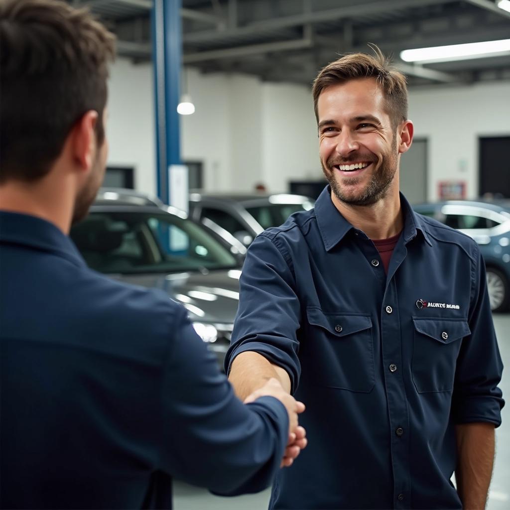 Happy customer receiving car keys from mechanic