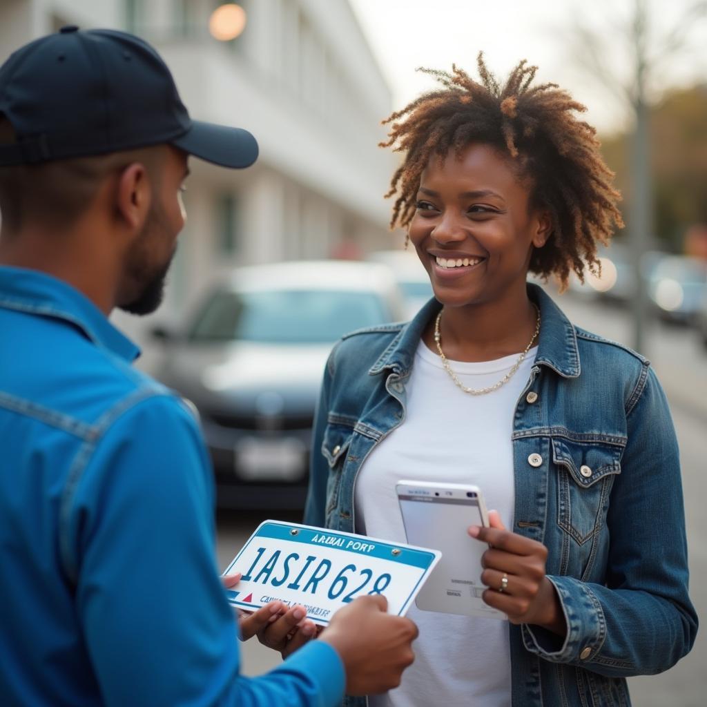 A satisfied customer receives their new license plate.