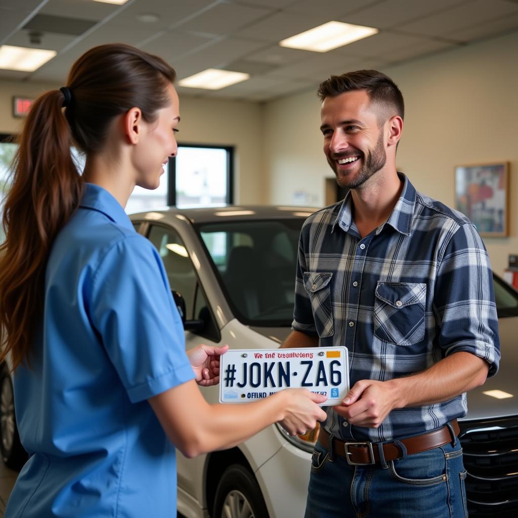 Happy Customer Receiving License Plates