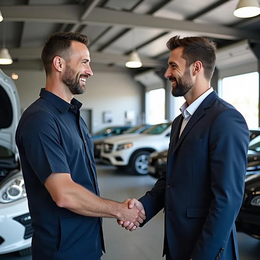 Happy customer shaking hands with a mechanic