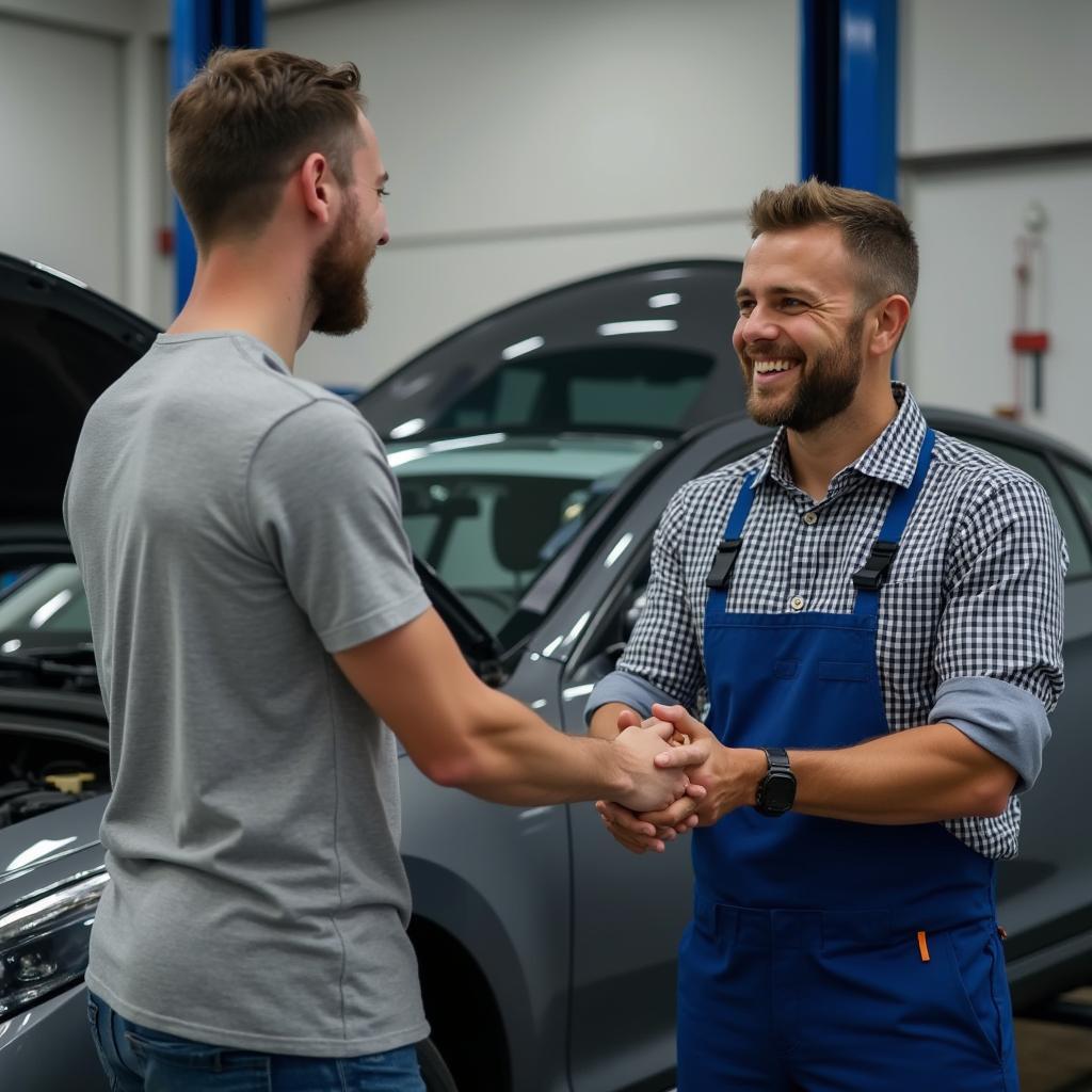 Happy customer shaking hands with a mechanic