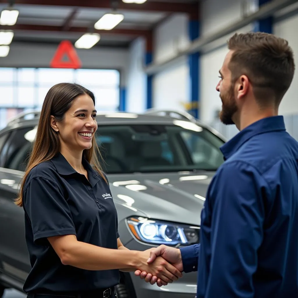 Satisfied Customer Receiving Their Repaired Car at an A-A Auto Shop