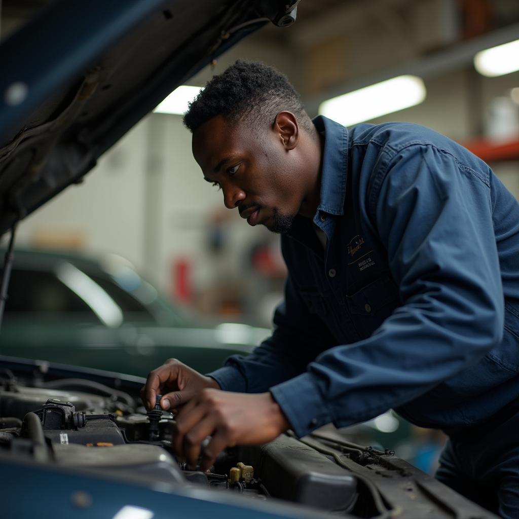 Harlem Mechanic Working on a Car's Engine