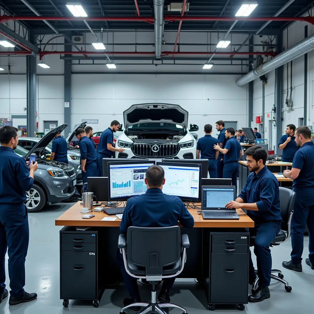 Modern auto service center with advanced diagnostic equipment and skilled technicians.