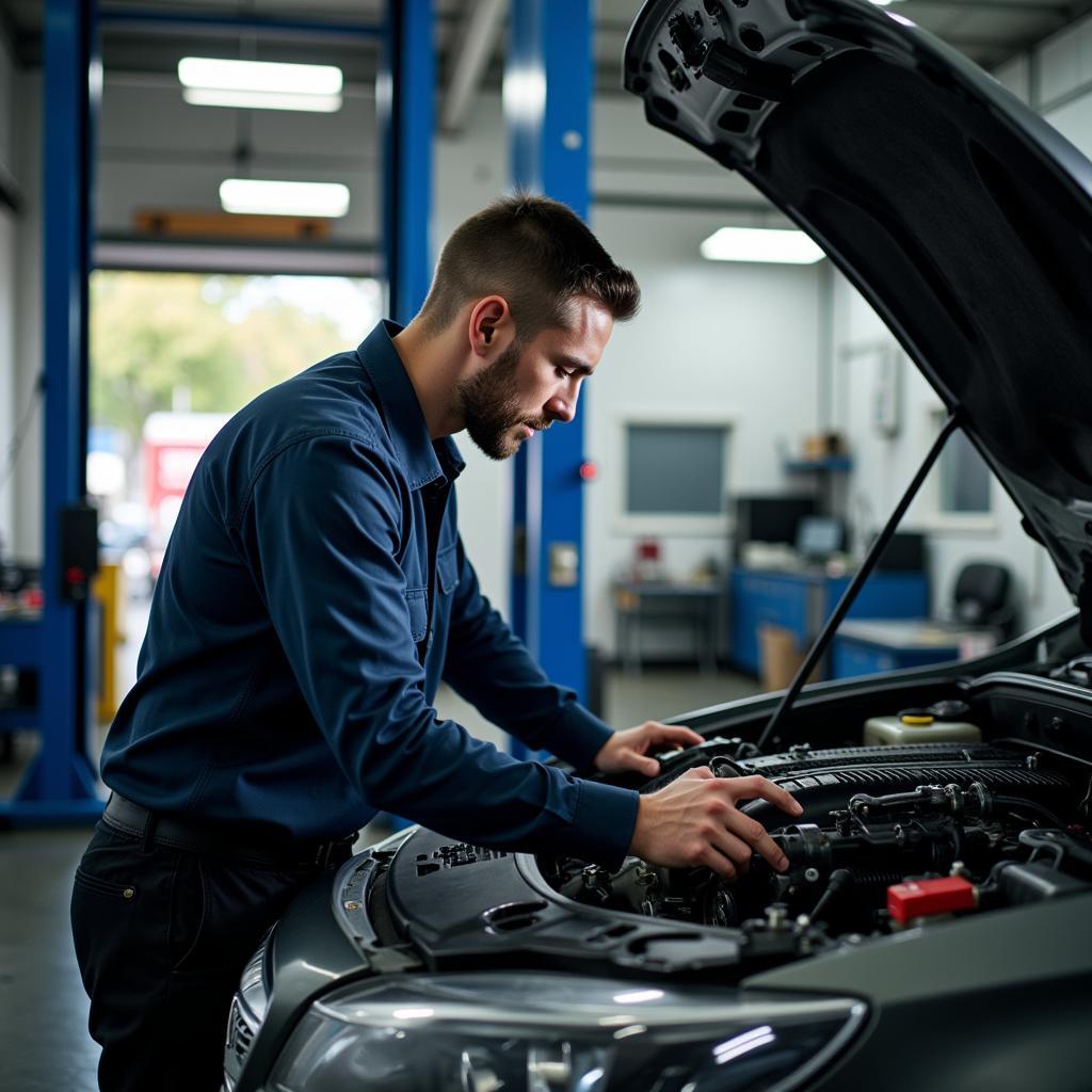 Mechanic working on a car engine in a Hollywood auto repair shop